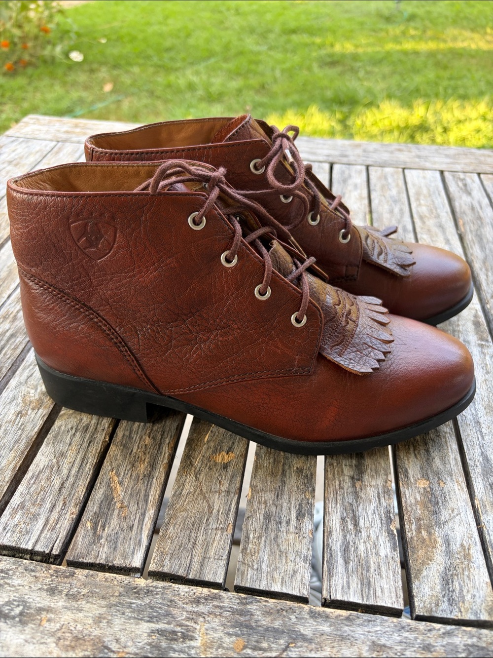 Ariat Brown Leather Fringe Kiltie Moc-Toe Ankle Boot Equestrian Rodeo Cowgirl